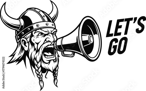 Angry viking mascot shouting 'let's go' through a megaphone loudly.