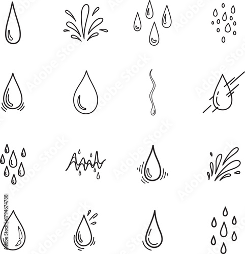 Water Drops doodle line art collection. Includes line art symbols water, drop, tear, rain, liquid and more. Isolated doodles. Water drop doodle set. 