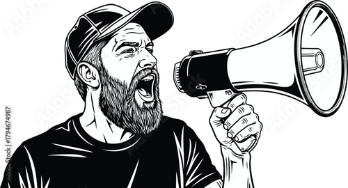 Man with beard and cap shouting into megaphone illustration