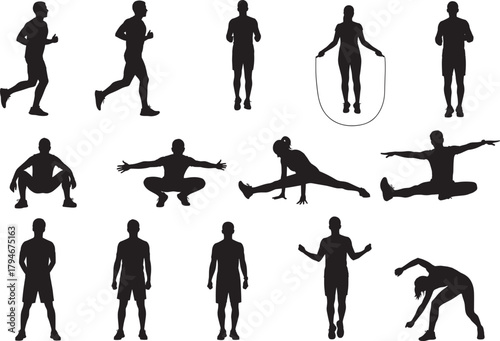 Fitness exercise silhouette set, workout poses, physical training, active lifestyle, gym movement, body strength, health activity, black figures, sports routine, stretching, jumping, running, 