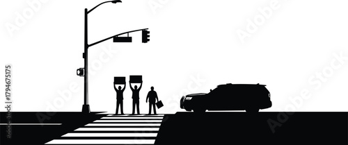 Protestors with signs on street crosswalk with car, silhouette