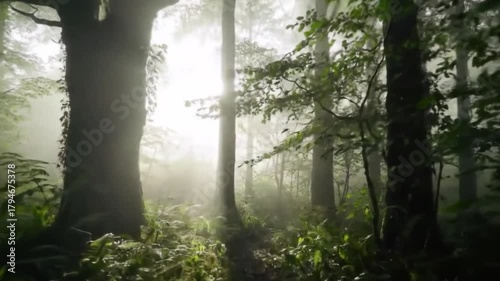 Enchanting Forest Ambiance - Sunlight Filtering Through Misty Trees.