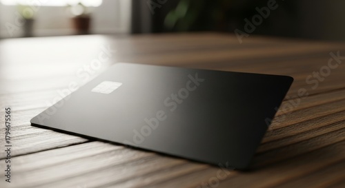Sleek Black Card on Wooden Surface - Minimalist Financial Concept.