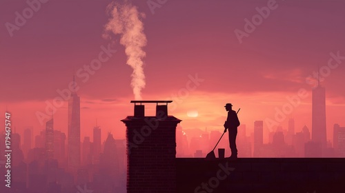 Chimney sweep standing on a rooftop at sunset, working near a smoking chimney with a city skyline in the background.
