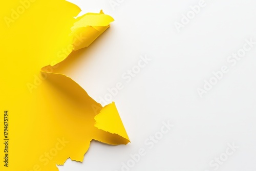 This image showcases a unique piece of yellow torn paper against a pristine white background, emphasizing texture and color contrast in a striking visual representation.