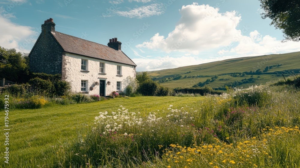 Fototapeta premium Charming countryside house surrounded by lush green fields and colorful flowers under a bright blue sky.