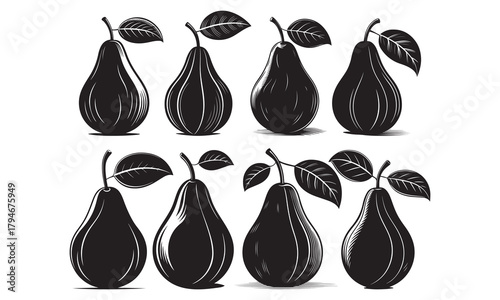 Stylized black and white pear illustrations with leaves, vintage fruit drawing set collection

