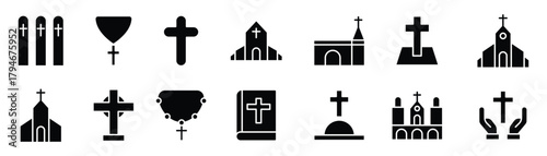 Christian Religion symbol solid icon set. Christian solid icon set. Simple Set of Religion Symbols. Cross, bible, Prayer Room, Temples, Divine Book and more. Vector illustration.