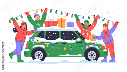 Festive Vehicle: A group of friends playfully decorate a car with colorful lights and gifts, embracing the festive spirit and winter season.