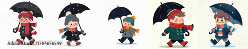 vector of a little boy walking with an umbrella in winter