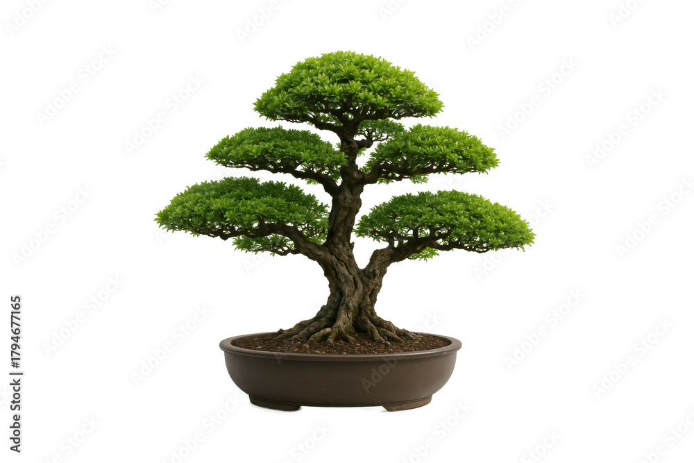 Obraz premium Beautiful bonsai tree in a ceramic pot isolated on a white background, showcasing lush green foliage and an elegant, sculpted trunk design