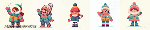 vector little girl waving hand in thick winter clothes