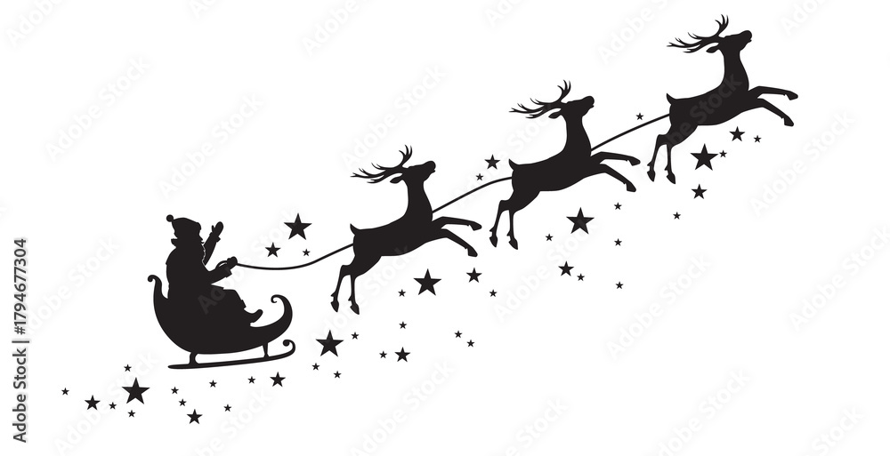 Naklejka premium Black silhouette of Santa Claus flying in a sleigh on a reindeer sleigh surrounded by stars. Illustration on a transparent background