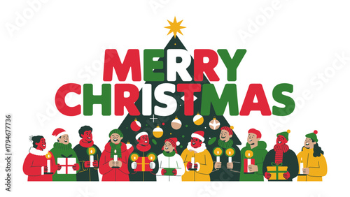 Holiday Chorus: A joyful group gathered to celebrate the holiday season, singing with candles in hand and gifts exchanged under a festive Christmas tree.