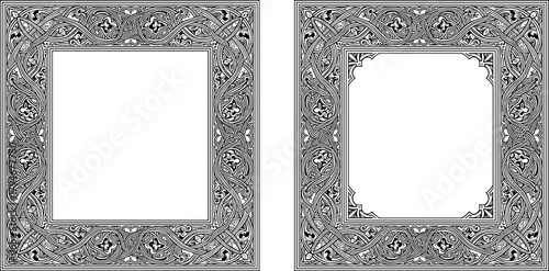 Ornate square frame, decorative Celtic design, medieval style artwork, black and white ornamental border, symmetrical motif, vintage decorative illustration