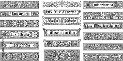 Medieval manuscript illumination, ornate decorative text panel, Latin phrase artwork, floral geometric border design, historical religious motif, vintage ornamental illustration