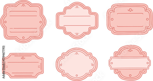 Pink decorative label, ornate border design, vintage style template, red outline artwork, elegant packaging tag, invitation card motif, scrapbooking decorative frame