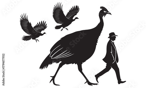 Walking man and large ground bird with flying turkeys, dramatic wildlife silhouette vector art
