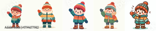 vector little boy waving hand in thick winter clothes
