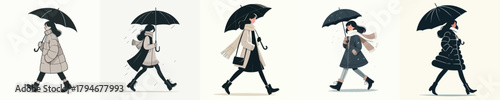 vector of a woman walking with an umbrella in winter