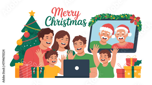 Festive Reunion: A family connects with loved ones through a video call, sharing the warmth of the holiday season, with a decorated tree and gift adding to the festive atmosphere. 