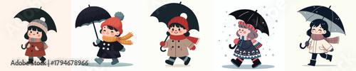 vector of a little girl walking with an umbrella in winter