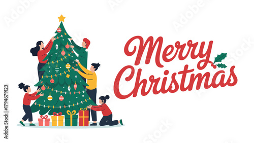 Holiday Cheer: A family comes together to decorate their Christmas tree. Filled with joy and excitement, the scene captures the essence of the holiday season. The image radiates warmth, love.