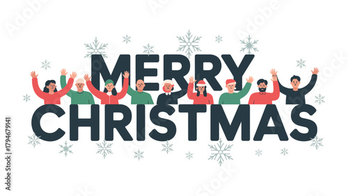 Merry Christmas with Joyful Greeting: A group of diverse individuals extends warm wishes, their upraised hands forming a cheerful celebration.