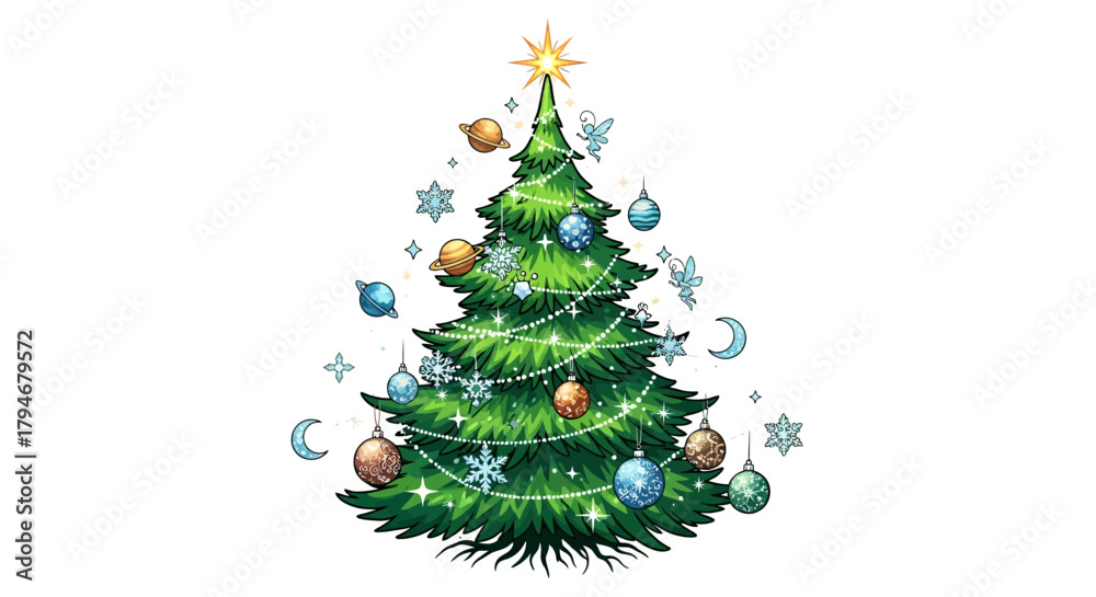 Obraz premium Magical Christmas tree decorated with planets and fairy lights, perfect for holiday greetings and festive designs bringing celestial charm to the season
