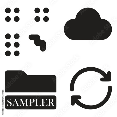Minimal Black Vector Icons – Cloud, Folder, Dots Grid, Sync Arrow, Sampler Symbol Set