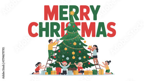 Joyful Christmas: A heartwarming scene unfolds as a family gathers around a beautifully adorned Christmas tree, their faces beaming with delight and festive spirit.