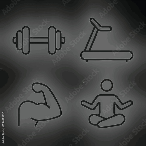 Set of four fitness icons including a dumbbell, treadmill, bicep, and meditating person, representing a healthy lifestyle and exercise