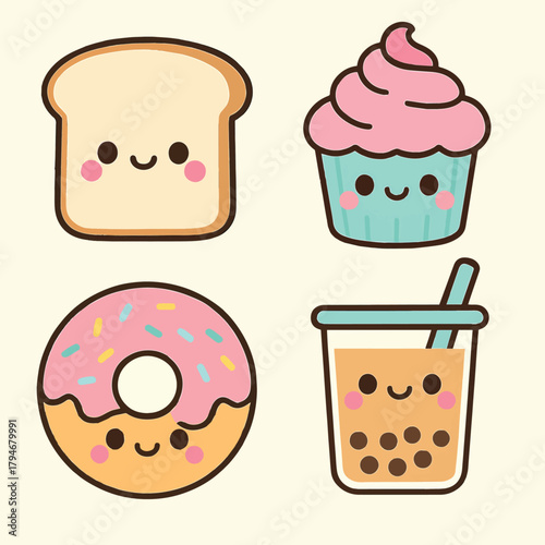 Kawaii food and drink collection with cute faces toast, cupcake, donut, and bubble tea