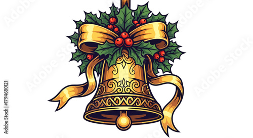 Celebrate the joyous season with a festive golden bell adorned with holly and a satin ribbon, perfect for holiday cards, invitations, and winter greetings