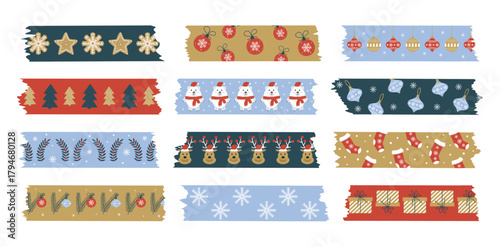 Set New Year's tape, Christmas sticky tape, elements for notes, scrapbooking. Torn pieces of patterned tape with ragged edges. Vector cartoon illustration.