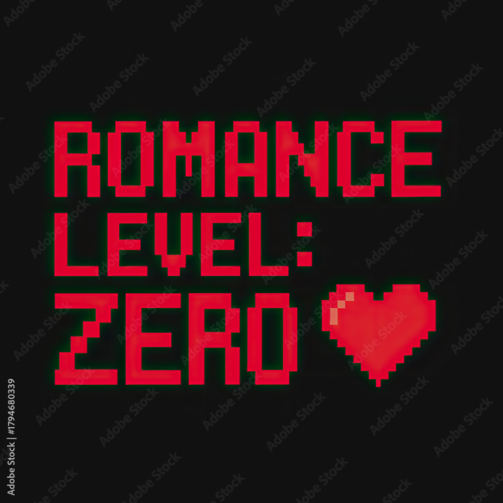 Obraz premium Retro pixel art graphic says 'Romance Level: Zero' with a red 8-bit heart on a black background. It's a humorous design for gamers, anti-Valentine's Day, celebrating independence with wit. V