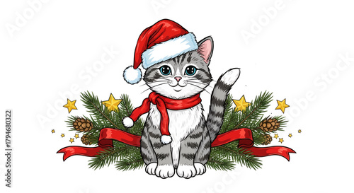Adorable kitten with Santa hat and festive decorations for holiday cheer, perfect for Christmas cards and seasonal promotions with cuteness overload