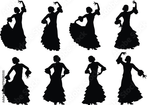 Flamenco dancer silhouettes, Spanish dance poses, expressive motion, black design, traditional vector, graceful stance, rhythm art, elegant movement, cultural style