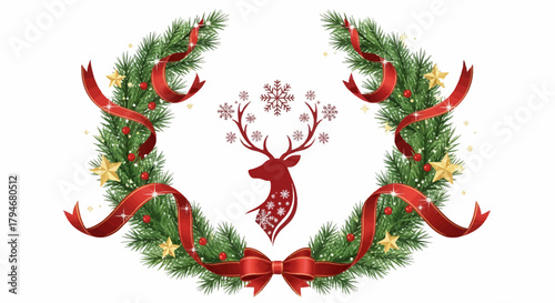 Festive Christmas deer silhouette with garland and ribbons for holiday cards and invitations, spreading joy and cheer during the holiday season