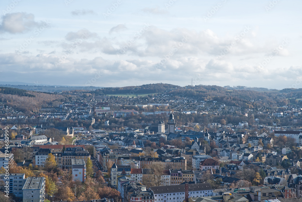 Fototapeta premium Plauen city from lookout tower on Barenstein hill in Germany