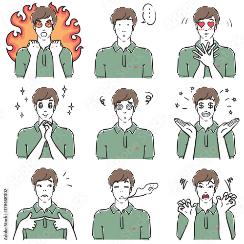 ポロシャツ男性の表情いろいろ　コミカル