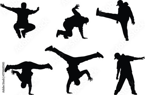 Breakdance silhouettes, hip-hop moves, street dance poses, freeze motion, black design, dynamic energy, freestyle stance, urban rhythm, athletic art