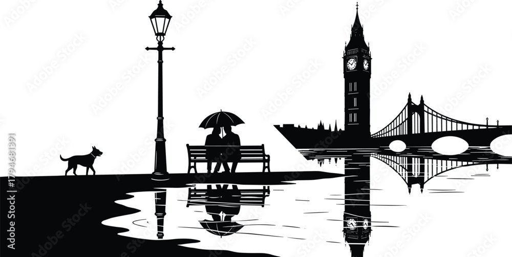 Fototapeta premium London romantic silhouette illustration, couple under umbrella dog walking Big Ben clock tower suspension bridge water reflection vector artwork