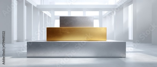 Minimalist Podium - Silver and Gold Geometric Shapes in Bright White Space.