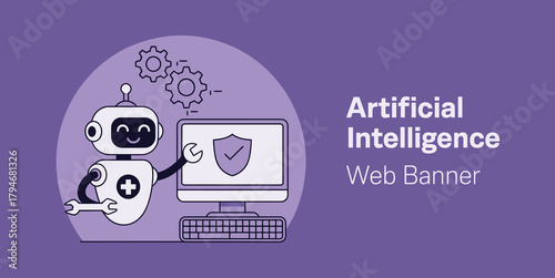 Artificial Intelligence Web Banner Design with Robot and Computer