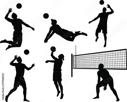 Volleyball action silhouettes, spike and serve poses, athletic motion, black design, sport vector, ball hit, dynamic stance, game energy