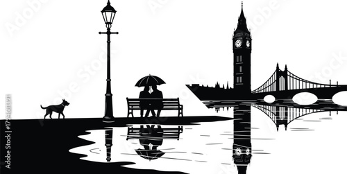 London romantic silhouette illustration, couple under umbrella dog walking Big Ben clock tower suspension bridge water reflection vector artwork