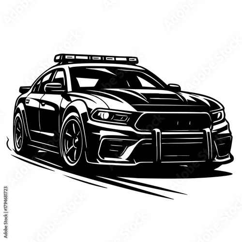 low-slung police pursuit car with wide fenders, tactical light bar, and reinforced bumper