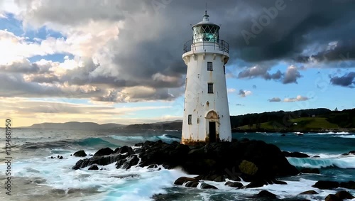 Wallpaper Mural Coastal lighthouse on jagged rocks as waves crash under a cloudy sky at dusk Torontodigital.ca