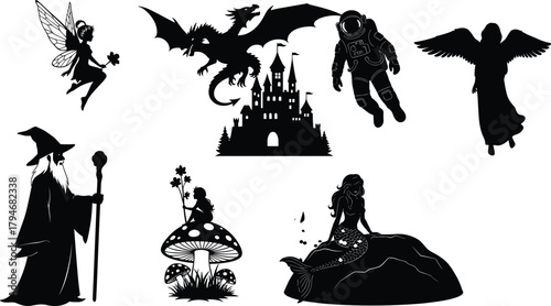 Fantasy silhouette illustration, flying fairy dragon above castle astronaut in space angel with wings wizard mermaid on rock, vector artwork
